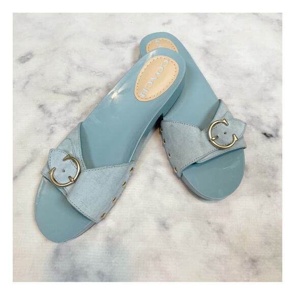 COACH Bleeker C Buckle Waterfall Blue Suede Slide Sandals - Picture 2 of 10